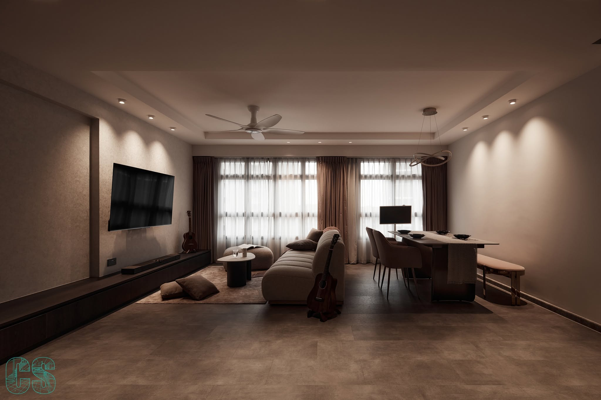 Open living and dining room with wall-mounted TV and long low console
