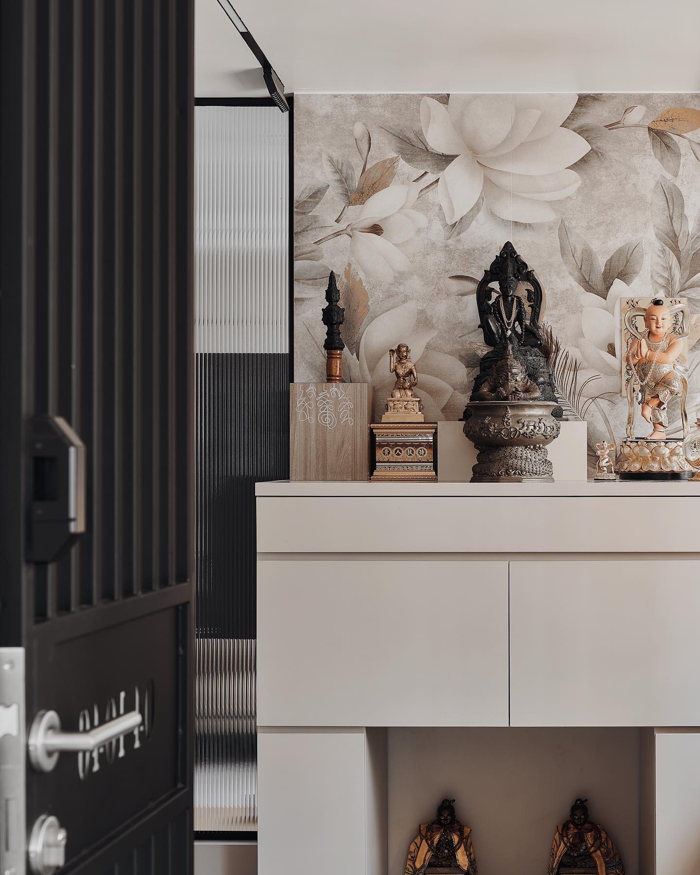 Altar cabinet with floral feature wall
