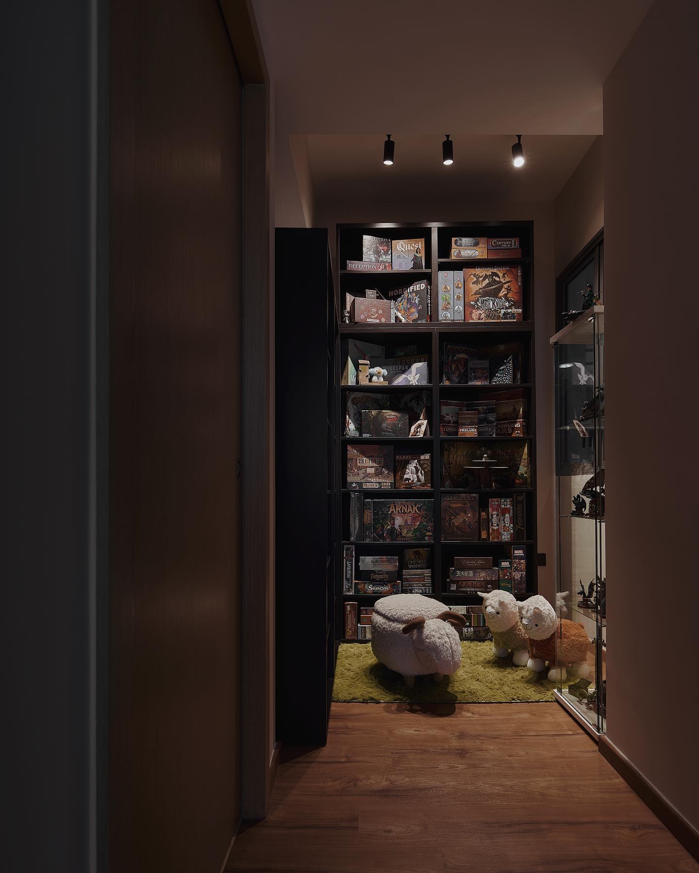 Board game shelving and glass display cabinet